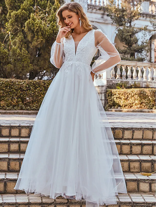 A-Line Wedding Dresses V Neck Floor Length Lace Tulle Sleeveless Romantic with Pleats Beautiful