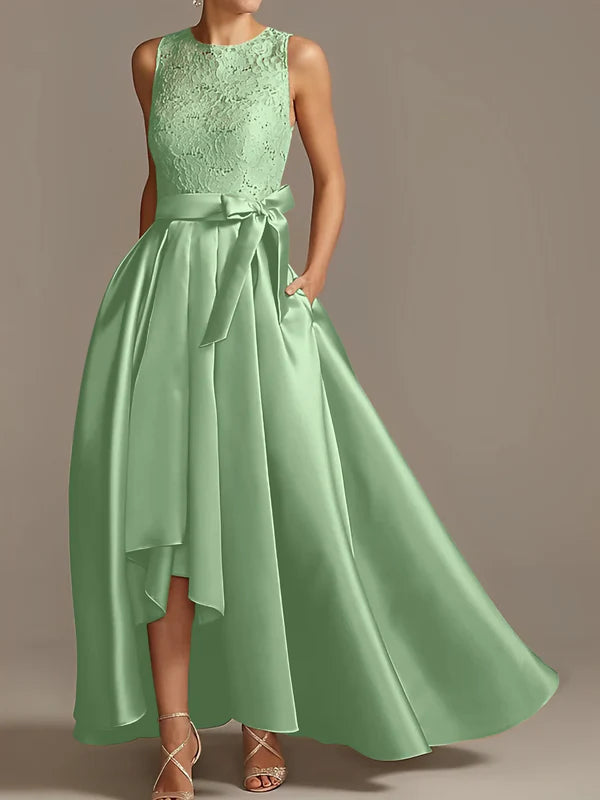 A-line/Princess collar sleeveless pleated lace mother of the bride dress Evening Dresses With Bow