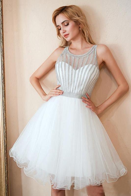 Scoop A Line White Homecoming Dresses Sequins Above Knee Tulle Short Graduation Dresses Party Dresses