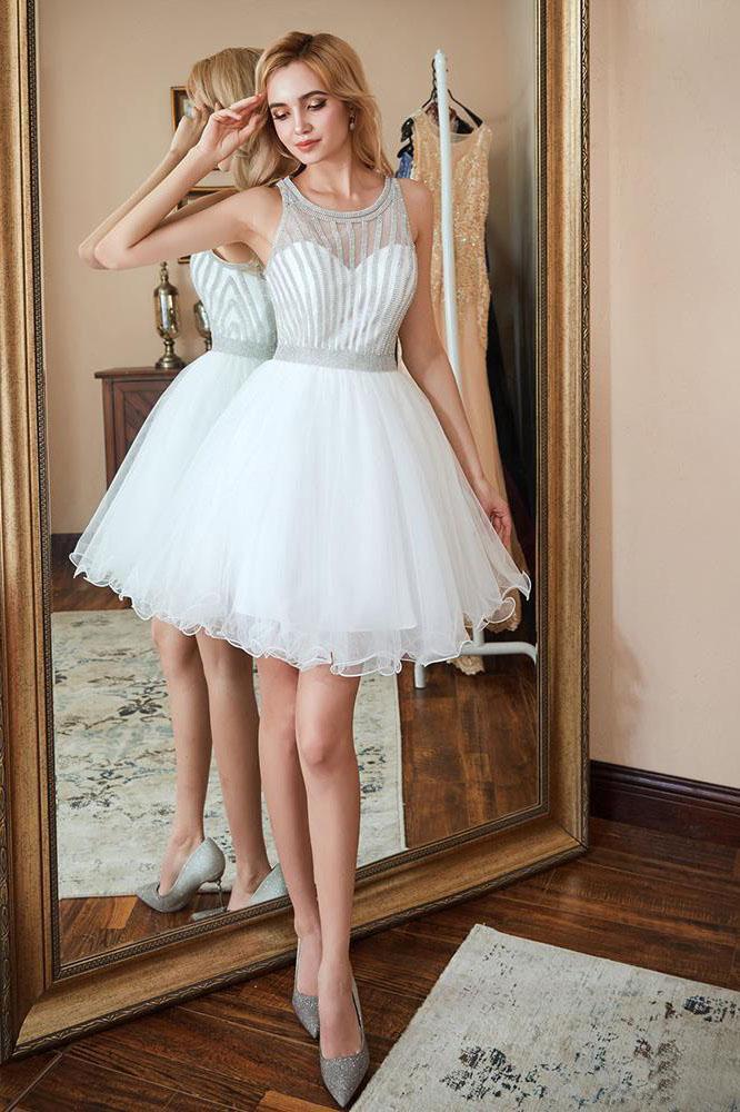 Scoop A Line White Homecoming Dresses Sequins Above Knee Tulle Short Graduation Dresses Party Dresses