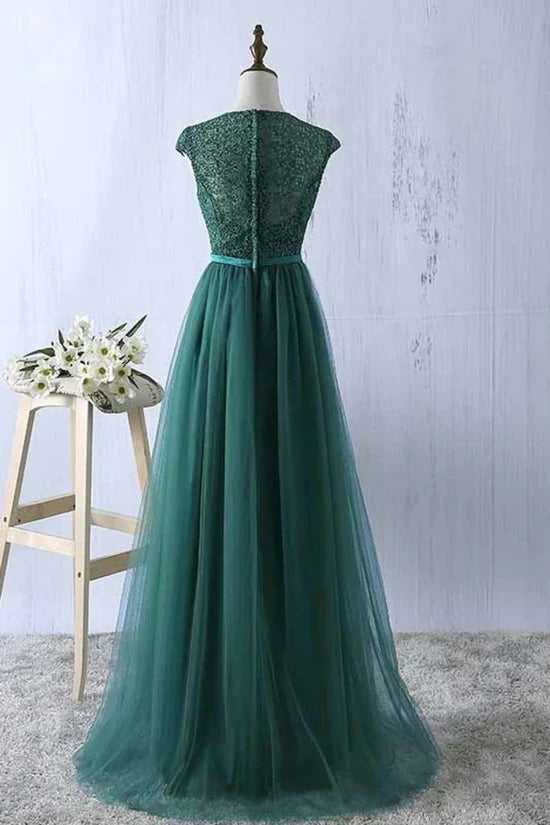 Green Prom Dresses Scoop Tulle & Lace With Sash A Line Sweep Train Floor Length Elegant