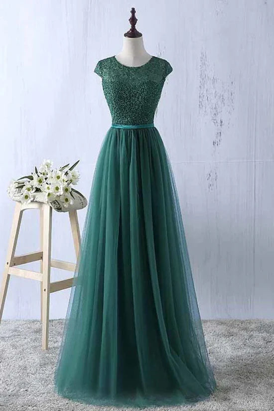 Green Prom Dresses Scoop Tulle & Lace With Sash A Line Sweep Train Floor Length Elegant