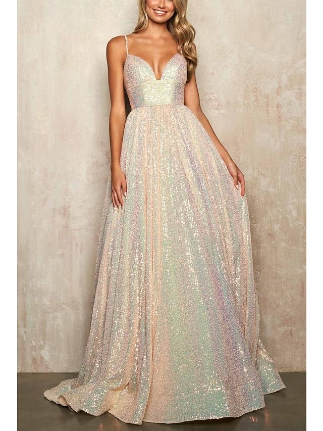 A-Line/Princess Spaghetti Straps Long Prom Dresses V-neck Sparkly 