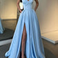 Sexy A-Line Long Off The Shoulder High Slit Satin Prom Dresses Evening Dresses
