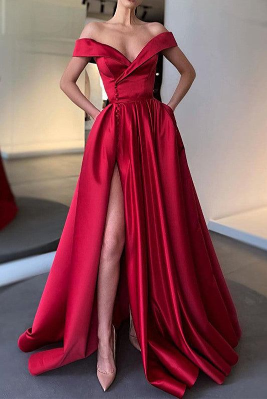 Sexy A-Line Long Off The Shoulder High Slit Satin Prom Dresses Evening Dresses