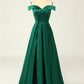 Sexy A-Line Long Off The Shoulder High Slit Satin Prom Dresses Evening Dresses