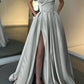 Sexy A-Line Long Off The Shoulder High Slit Satin Prom Dresses Evening Dresses