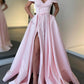 Sexy A-Line Long Off The Shoulder High Slit Satin Prom Dresses Evening Dresses