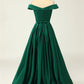 Sexy A-Line Long Off The Shoulder High Slit Satin Prom Dresses Evening Dresses