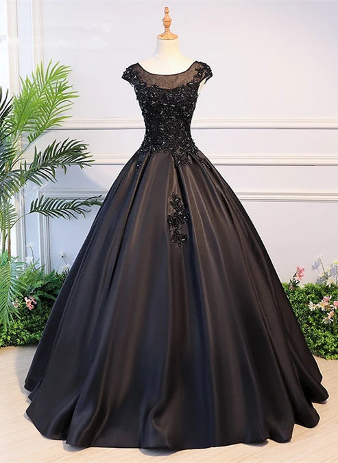 Black Satin Long Party Dress Evening Gown A Line Floor Length Prom Dress Elegant