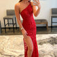 Sexy Black Lace Prom Dresses One Shoulder Mermaid Zipper Up Evening Dresses With Slit