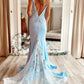 Sexy Blue Backless Spandex Mermaid Prom Dresses Spaghetti Straps With Applique Tulle Evening Dresses
