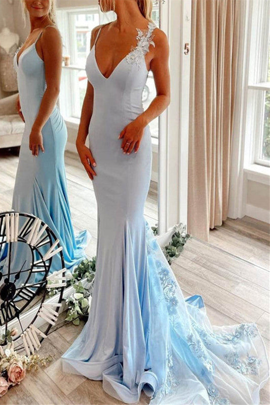 Sexy Blue Backless Spandex Mermaid Prom Dresses Spaghetti Straps With Applique Tulle Evening Dresses