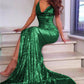 Sexy Champagne Gold Mermaid Spaghetti Straps Prom Dresses Side Slit Backless Formal Dresses Sparkly