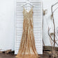 Sexy Champagne Gold Mermaid Spaghetti Straps Prom Dresses Side Slit Backless Formal Dresses Sparkly