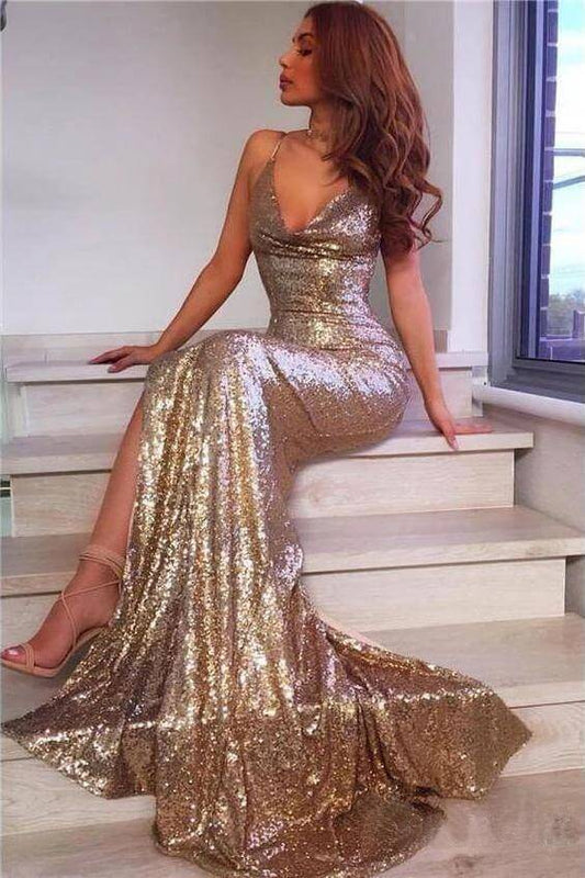 Sexy Champagne Gold Mermaid Spaghetti Straps Prom Dresses Side Slit Backless Formal Dresses Sparkly