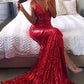 Sexy Champagne Gold Mermaid Spaghetti Straps Prom Dresses Side Slit Backless Formal Dresses Sparkly