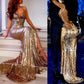 Sexy Champagne Gold Mermaid Spaghetti Straps Prom Dresses Side Slit Backless Formal Dresses Sparkly