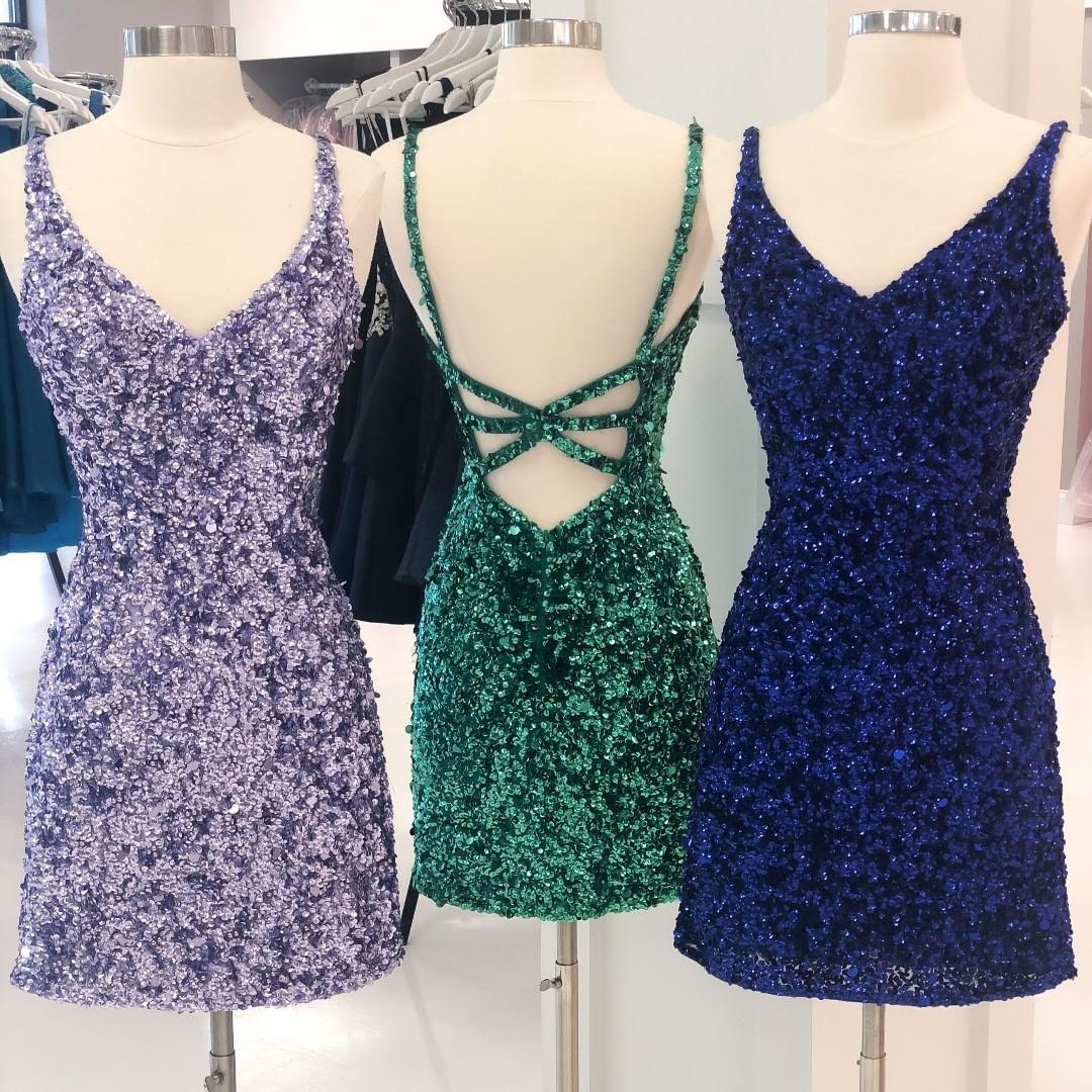 Sexy Sequin Homecoming Dresses Spaghetti Straps Sheath Open Back Short/Mini Sparkly