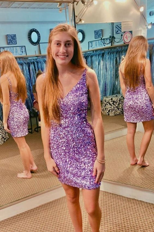 Sexy Sequin Homecoming Dresses Spaghetti Straps Sheath Open Back Short/Mini Sparkly