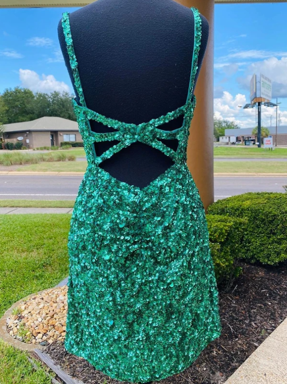 Sexy Sequin Homecoming Dresses Spaghetti Straps Sheath Open Back Short/Mini Sparkly