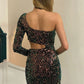 Sexy Sheath One Shoulder Long Sleeve Sequins Homecoming Dress Sparkly
