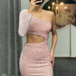 Sexy Sheath One Shoulder Long Sleeve Sequins Homecoming Dress Sparkly