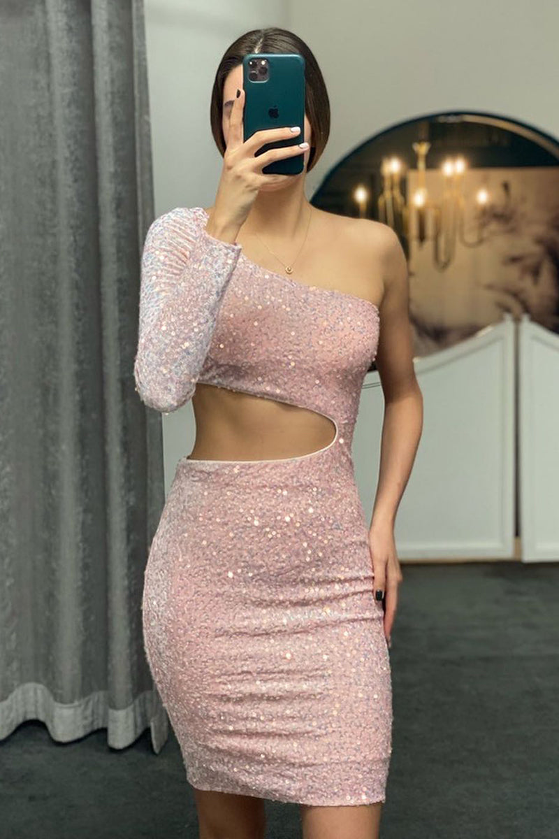 Sexy Sheath One Shoulder Long Sleeve Sequins Homecoming Dress Sparkly