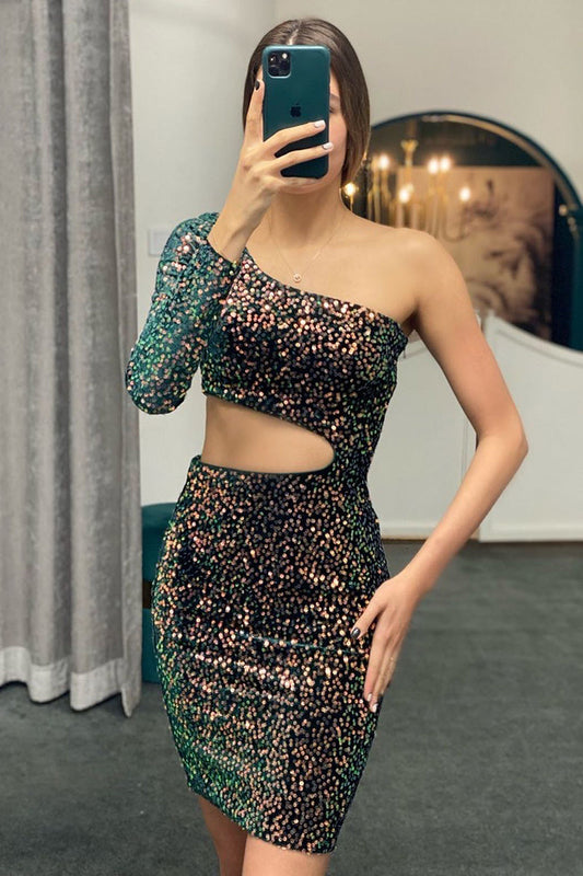 Sexy Sheath One Shoulder Long Sleeve Sequins Homecoming Dress Sparkly
