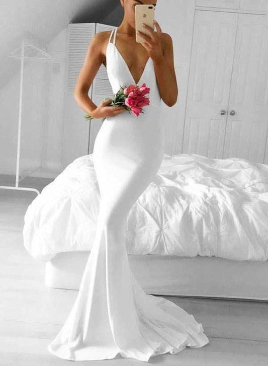 Loudspeaker/fishtail hanging neck and floor wedding dress Open Back Sexy White