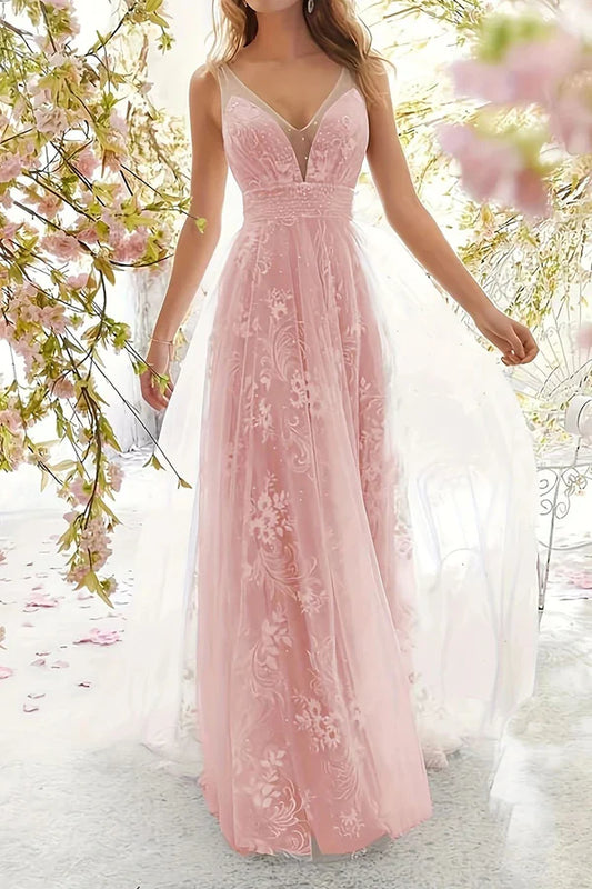 Sexy A Line Formal Attire With Lace V-neck Long Prom Dress Beautiful Evening Dress