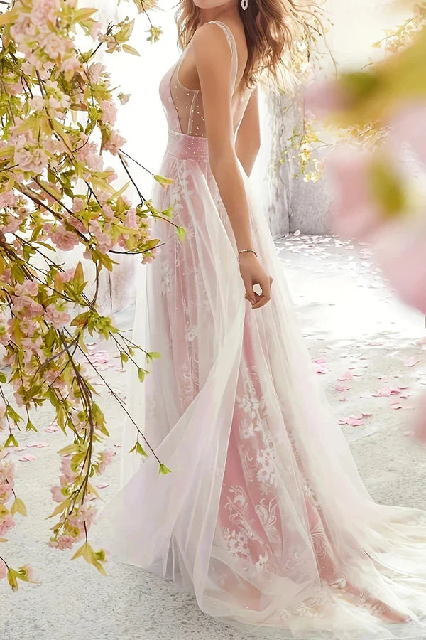 Sexy A Line Formal Attire With Lace V-neck Long Prom Dress Beautiful Evening Dress