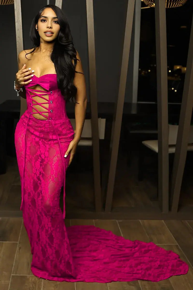 Sexy Mermaid Strapless Lace Cutout Front Lace Up Evening Gown Charming Formal Prom Dress Fashion Party Dress