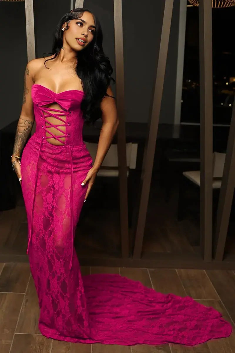 Sexy Mermaid Strapless Lace Cutout Front Lace Up Evening Gown Charming Formal Prom Dress Fashion Party Dress