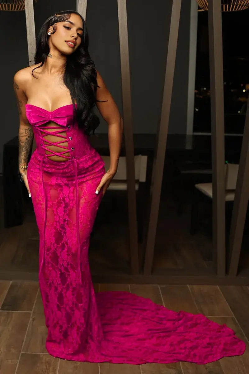 Sexy Mermaid Strapless Lace Cutout Front Lace Up Evening Gown Charming Formal Prom Dress Fashion Party Dress