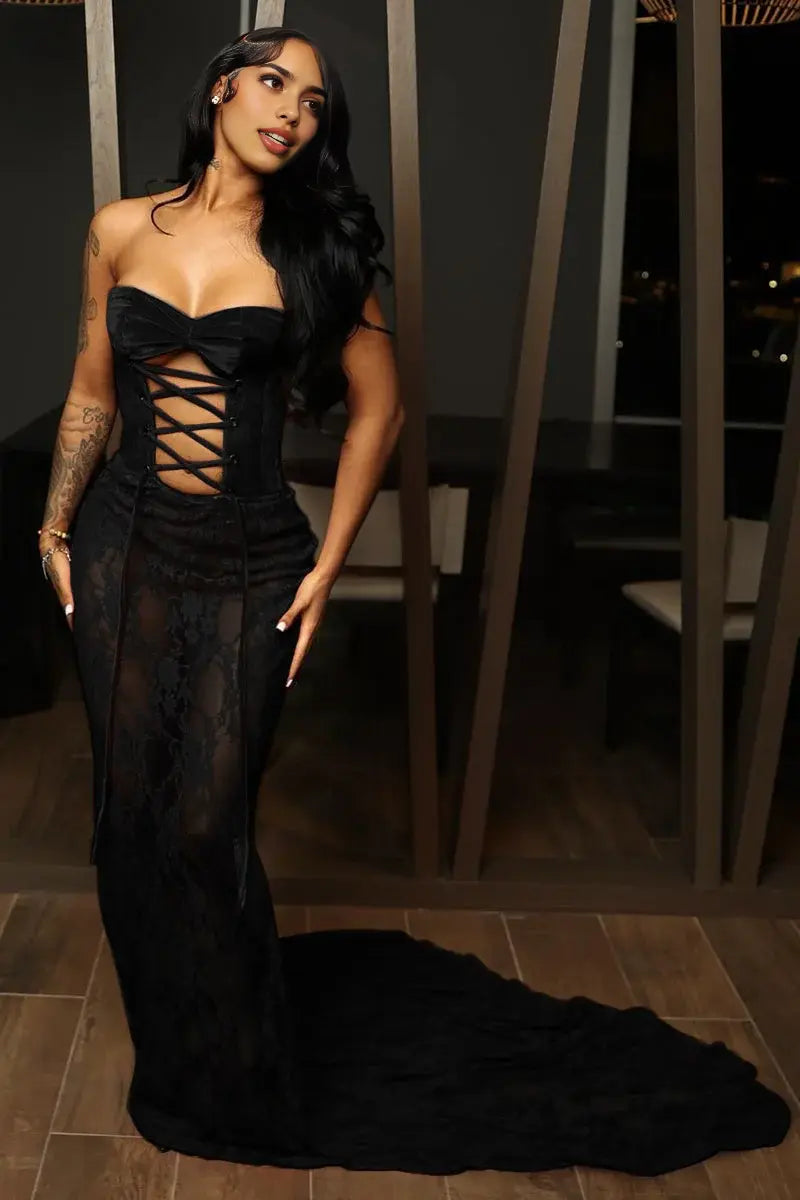 Sexy Mermaid Strapless Lace Cutout Front Lace Up Evening Gown Charming Formal Prom Dress Fashion Party Dress