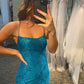 Sheath Spaghetti Straps Blue Short Backless Lace Homecoming Dresses Sexy