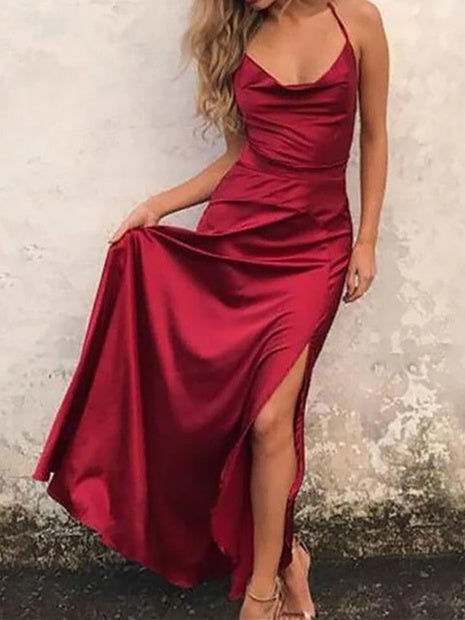 Sheath/Column Silk Like Satin Spaghetti Straps Floor-Length Long Prom Dresses Sexy Evening Dresses