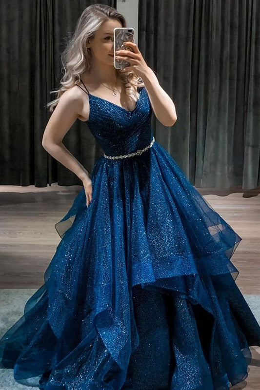 Shiny V Neck Dark Blue Long Prom Dress with Belt Fluffy Formal Evening Dress Sparkly Ball Gown