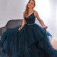 Shiny V Neck Dark Blue Long Prom Dress with Belt Fluffy Formal Evening Dress Sparkly Ball Gown
