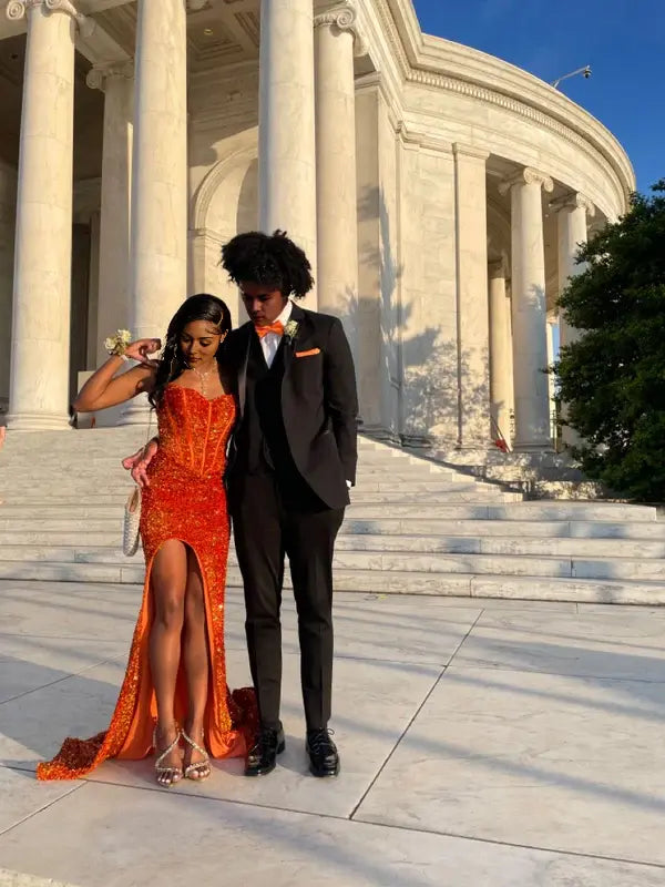 Shiny Mermaid Strapless Sleeveless Sequin Long Prom Dress With Slit Sparkly Formal Dress Black Girl Sexy Party Evening Gowns