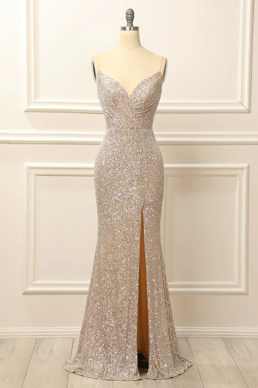 Champagne Sequins Long Prom Dress with Slit V-neck Sparkly Sexy