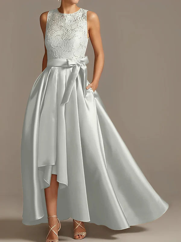 A-line/Princess collar sleeveless pleated lace mother of the bride dress Evening Dresses With Bow