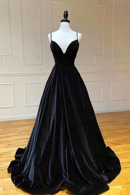 Simple Black Velvet Long Prom Dress Evening Dress V-neck Floor Length Elegant
