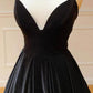 Simple Black Velvet Long Prom Dress Evening Dress V-neck Floor Length Elegant