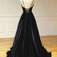 Simple Black Velvet Long Prom Dress Evening Dress V-neck Floor Length Elegant