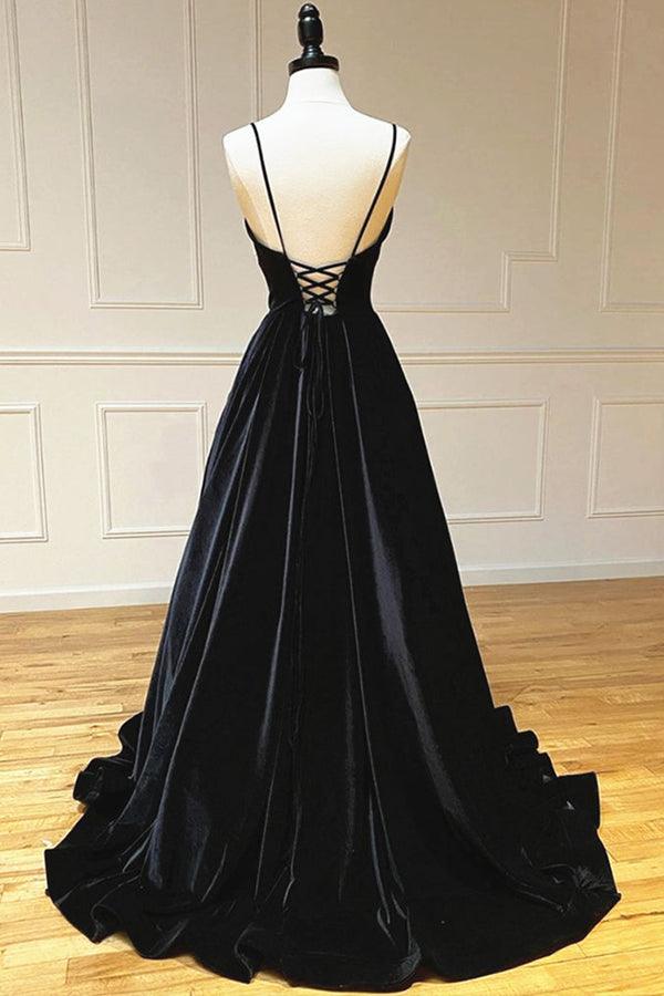 Simple Black Velvet Long Prom Dress Evening Dress V-neck Floor Length Elegant