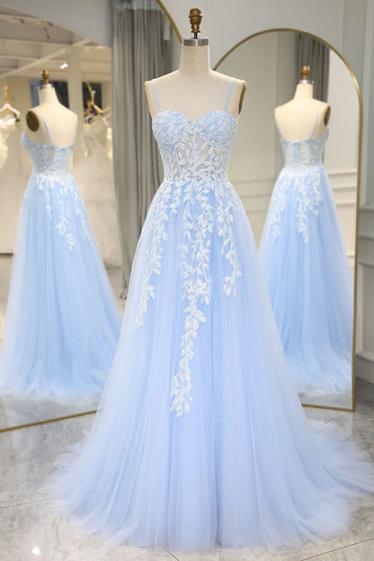 Mermaid Prom Dress With Appliques Spaghetti Straps Long Sky Blue