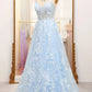 A-Line Spaghetti Straps Tulle Long Prom Dress With Appliques Sky Blue