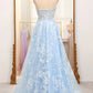 A-Line Spaghetti Straps Tulle Long Prom Dress With Appliques Sky Blue